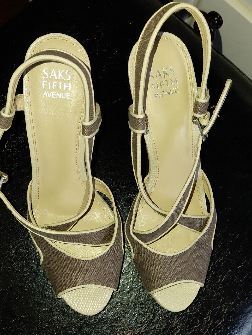 Saks Fifth Avenue Brown and Cream Slingback Heels